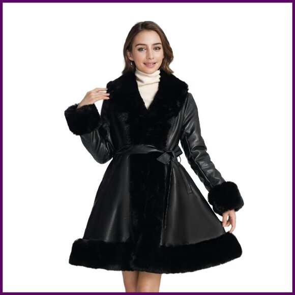 Faux Fur Leather Jacket Women's Winter Coat Soft Plush Collar